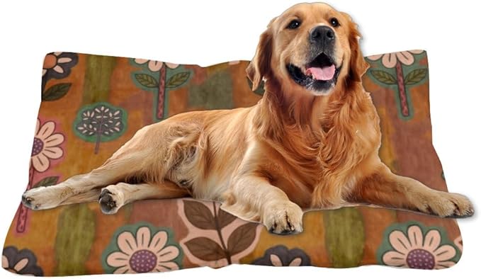 Vintage Floral Brown Cusion Dog Bed Medium Dog Comfort Bed Mat Pet Small Crate Pad Cushion for Crate Washable Non-Slip Washable for Mattress Kennel Pillow Dogs Indoor Outdoor 36X24 Inch