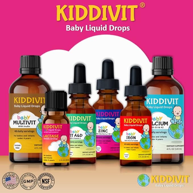 Kiddivit Baby Calcium Liquid Drops with Vitamin D3 & K2-24 Daily Servings, 4 Fl Oz (120 mL) - Inulin Fortified (Prebiotic, Dietary Fiber) - Sugar Free, Gluten Free, Vegetarian Friendly