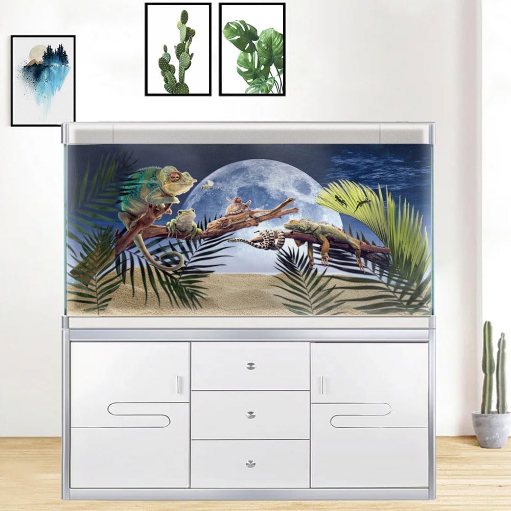 Moon Aquarium Background,Cool Sea Galaxy Parallel Space Themed Fish Tank Background, Cool Terrarium Background 30X18IN with 8 EVA Double-Sided Tape