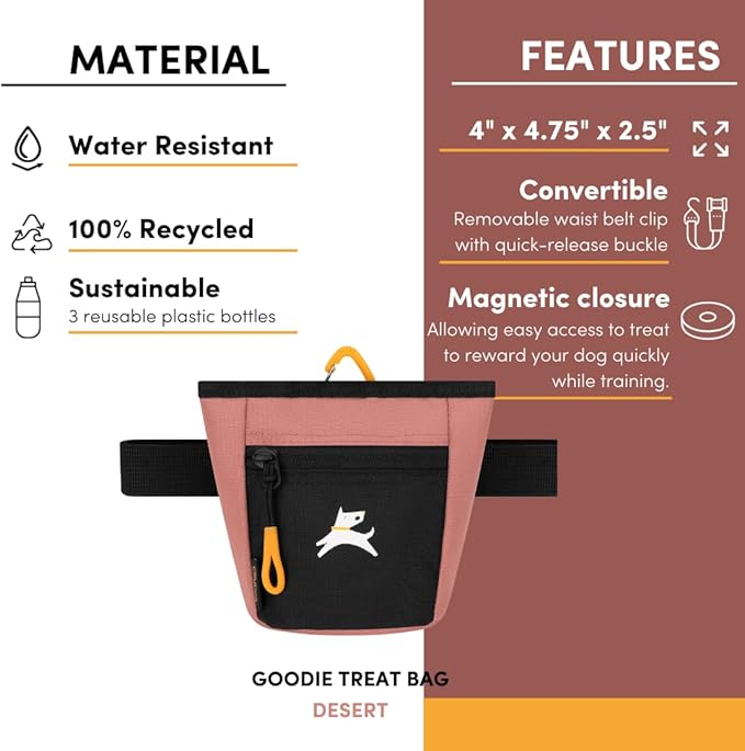 OllyDog Goodie Treat Bag, Dog Treat Pouch, Waist Belt Clip for Hands-Free Training, Magnetic Closure, Dog Training and Behavior Aids, Three Ways to Wear (Desert)