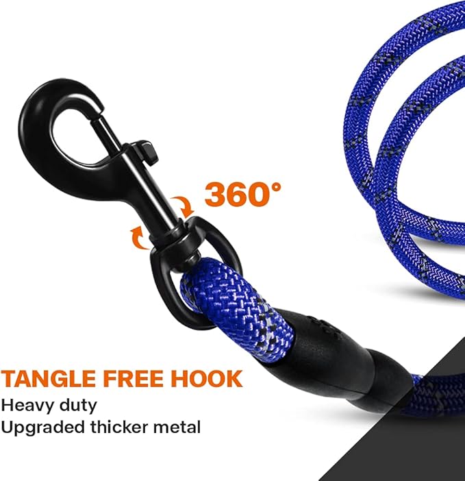 Taglory Rope Dog Leash 5 FT with Comfortable Padded Handle, Highly Reflective Threads Leash and Anti-Tangle Clip for Walking Small Dogs, 3/8 inch, Navyblue