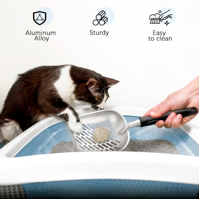 Cat Litter Scoop,Long Handle Cat Scooper,Stainless Steel Metal Scoop,Poop Sifting,Mesh Shovel,Suitable for Cat Litter Box(Black)