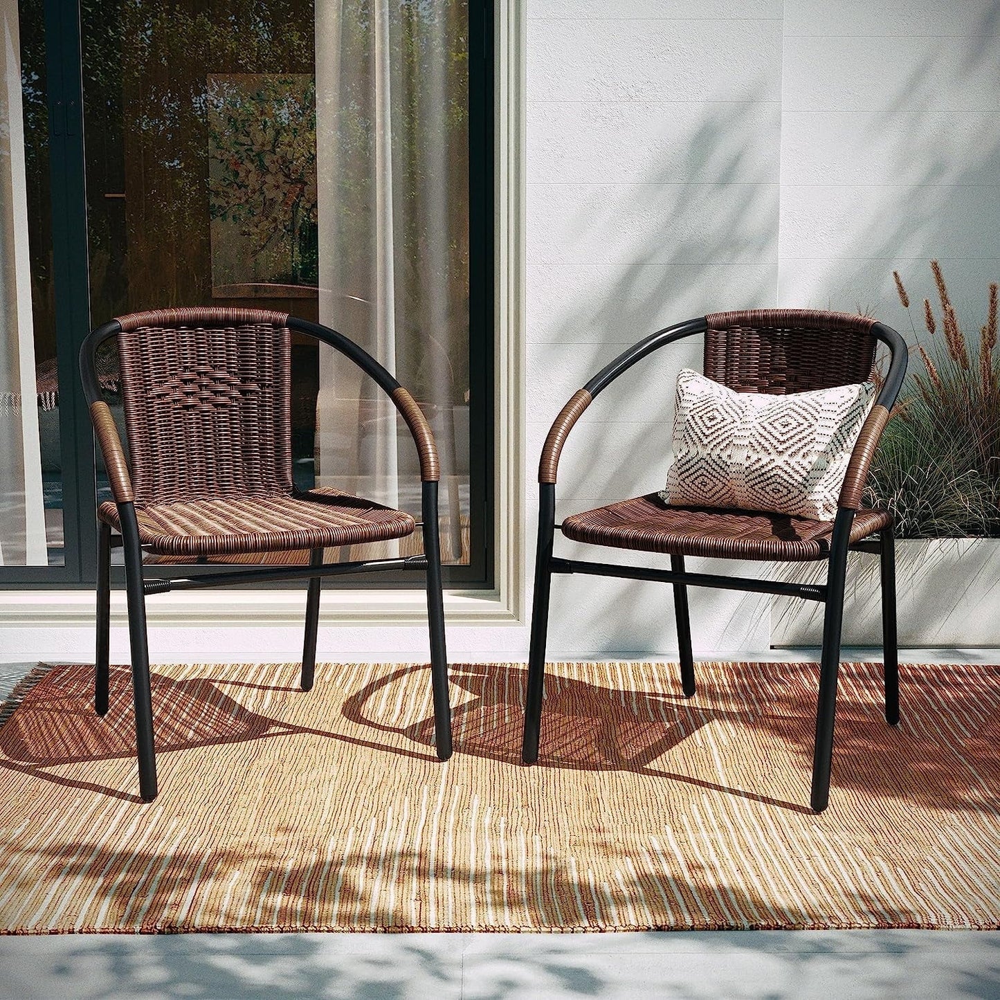 Jumpeak Lila Modern Rattan Indoor/Outdoor Stackable Dining Chairs, Stacking Rattan Bistro Chairs for Patio or Restaurant, Set of 4, Brown