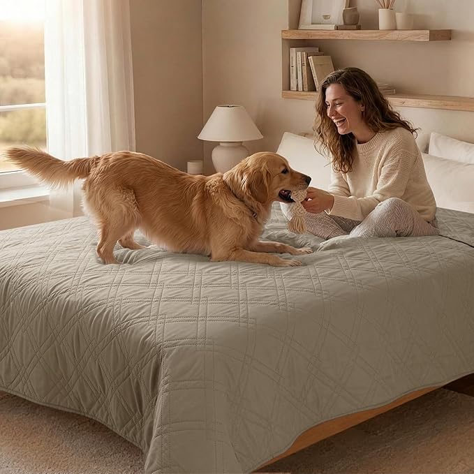 100% Waterproof Dog Couch Protector, Triple-Layer Waterproof Dog Bed Cover Pet Blanket Reversible 2-Tone Sofa Shield, Non-Slip Furniture Guard for Pets(82×92 Inch, Khaki+Khaki)