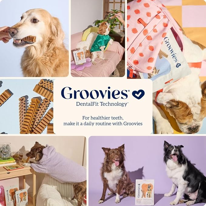 Groovies Flexible Dog Dental Chews with Patented DentalFit Technology to Help Support Tartar Control & Fresh Breath, Medium Dog Chews for 15-25 lb Dogs, USA Manufactured Oral Care, 45 Chews