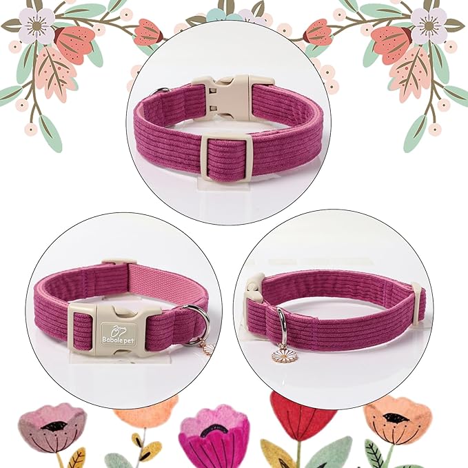 Cute Corduroy Dog Collar - Fuchsia Adjustable Dog Collars for X-Large Dogs 80+lbs, Fade-Proof with Secure Snap & Little Charm, Christmas Birthday Gift, XL