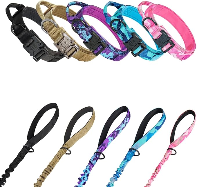 Hotsky Tactical Dog Collar and Leash Set, Heavy Duty Military Airtag Dog Collar with Handle and Metal Buckle for Training and Walking, with Airtag Holder and Two Patches(Pink Camo, XL)