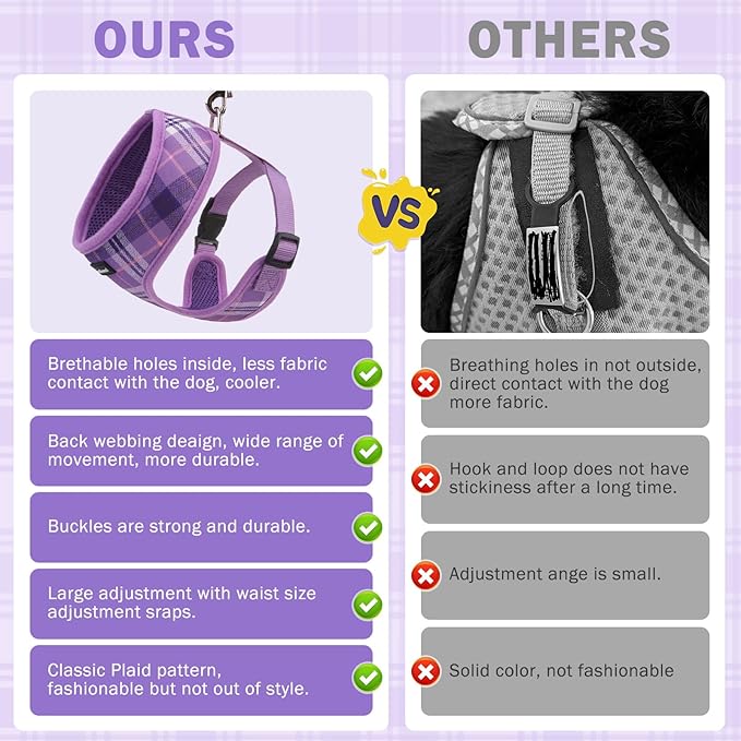 SCENEREAL No Pull Dog Harness Collar and Leash Set Small Medium Sized Dog, Soft Mesh Puppy Harnesses, No Chock Plaid Adjustable Pet Vest for Outdoor Walking Training and Running, Purple S