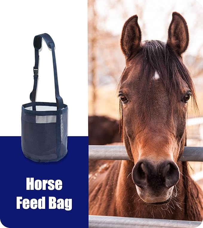 Horse Feed Bag for Grain - Heavy Duty Mesh Horse Feeder with Adjustable Strap,Comfort Neck Pad,Nose Pad Horse Muzzle Feed Bag(Medium,Blue)