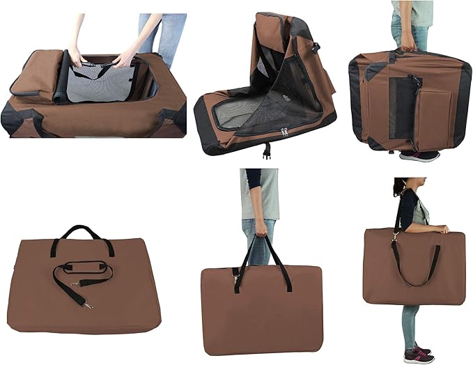 EliteField 3-Door Folding Soft Dog Crate with Carrying Bag and Fleece Bed (2 Year Warranty), Indoor & Outdoor Pet Home (20" L x 14" W x 14" H, Brown)