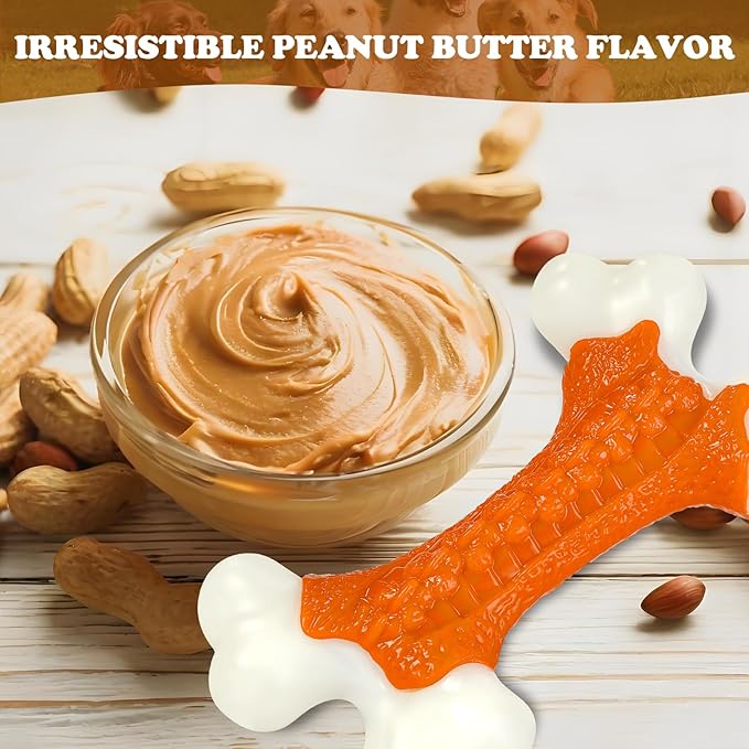 Indestructible Dog Toys for Aggressive Chewers: Peanut Butter Flavored Hard Nylon Bone Chew Toys, Tough Dog Chew Toys for Large Dogs, Dog Toys to Keep Them Busy for Medium Large Breed, Orange