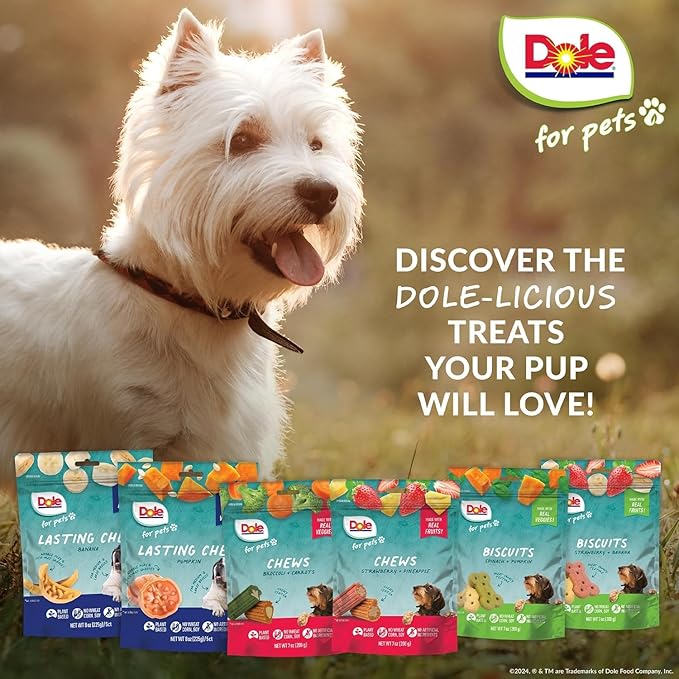 Dole for Pets Dog Biscuits Assorted Banana + Strawberry Mix, Real Fruit Flavor Vegan Crunchy Treats, No Wheat Corn Soy or Artificial Additives, Bite Size Training Snacks for Dogs, 7 Oz - 6 Pack