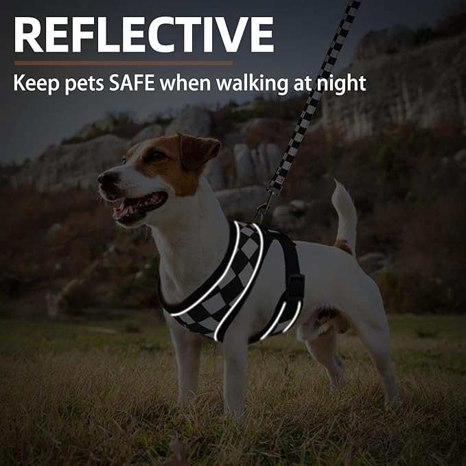 PUPTECK Soft Mesh Dog Harness and Leash Set Pet Puppy Cat Comfort Padded Vest No Pull Harnesses, Checkered Black&White, S