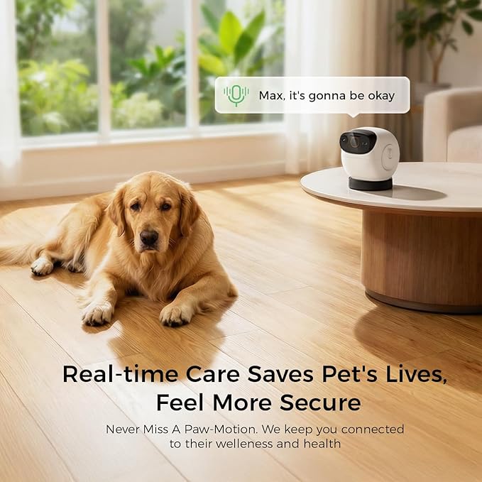 3K Pet Camera Treat Dispenser, 32ft Remote Tossing for Dogs & Cats – Reduces Separation Anxiety, 360° View, Security Indoor Cam w/Phone App, Barking Alerts, No Subscription, 2.4&5G WiFi