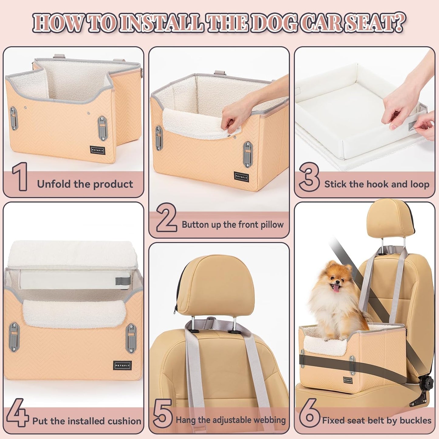 PETSFIT Cat Car Seat, Waterproof PU Leather Dog Booster Car Seat with Patent Safe Buckles, Clip-On Leash, Pet Travel Carrier Bed for Small Pets Up to 25lbs (Orange)