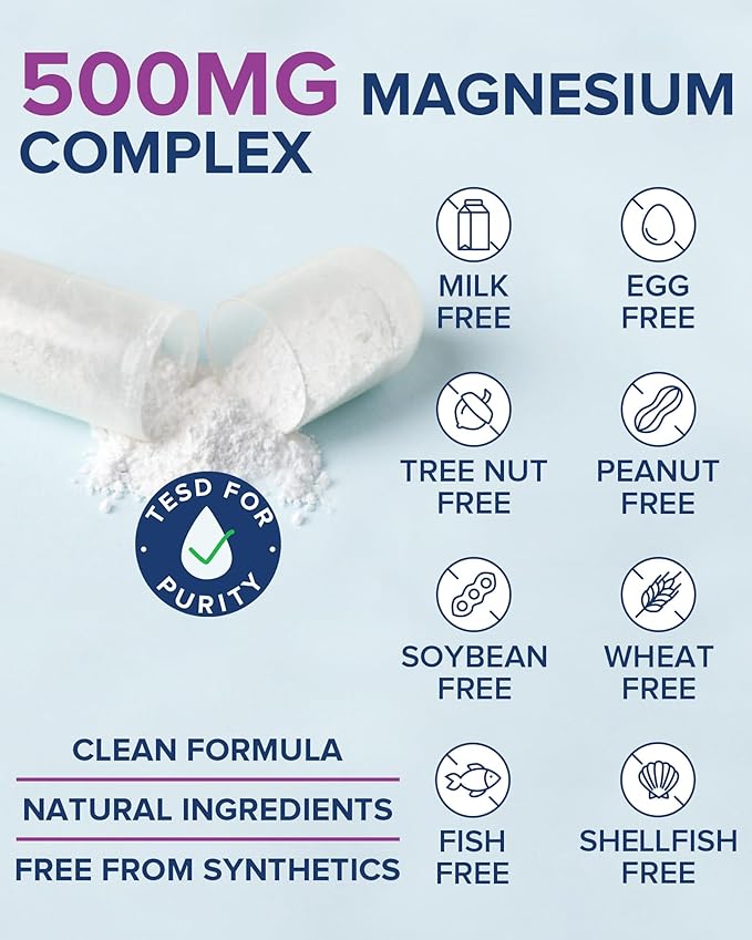 Terranics 5-in-1 Magnesium Complex Supplement 500mg - 5 Forms High Absorption Magnesium Glycinate Citrate Malate Aspartate Gluconate for Sleep Muscle Heart Health - Non-GMO 240 Vegan Capsules