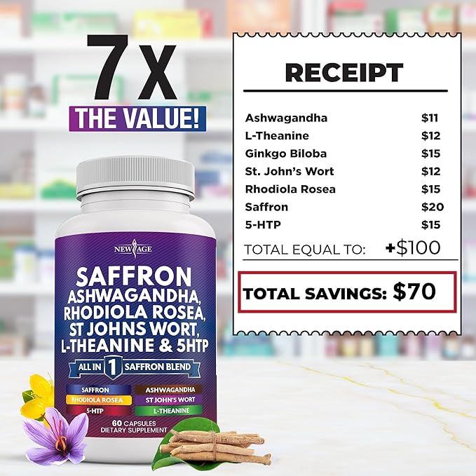 NEW AGE Saffron Supplements with Ashwagandha - Support with L-Theanine, Ginkgo Biloba, St. John's Wort, Rhodiola Rosea & 5-HTP - Saffron 120 Count