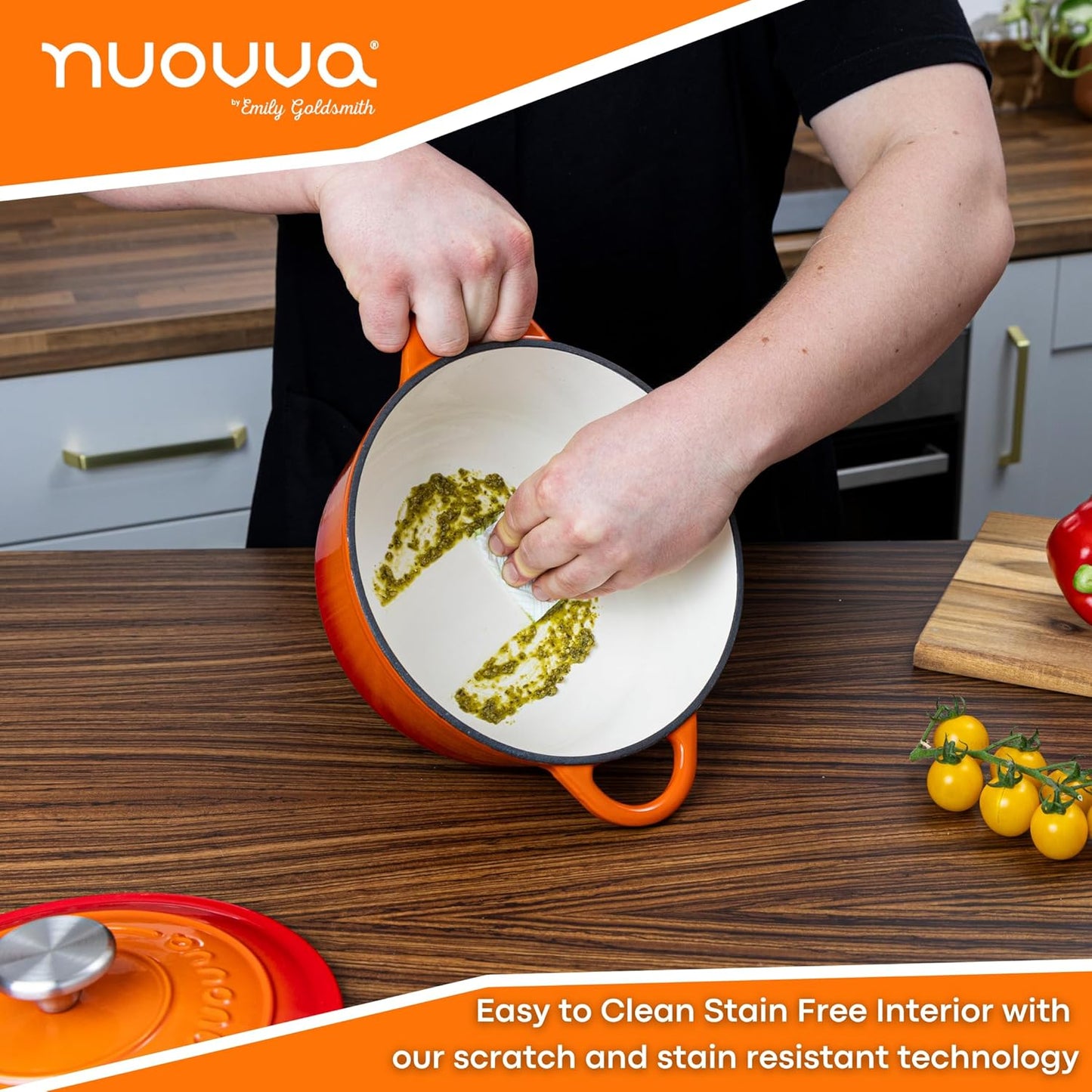 Cast Iron Pot with Lid – Non-Stick Ovenproof Enamelled Casserole Pot, Oven Safe up to 500° F – Sturdy Dutch Oven Cookware – Orange, 5-Quart, 24cm – by Nuovva
