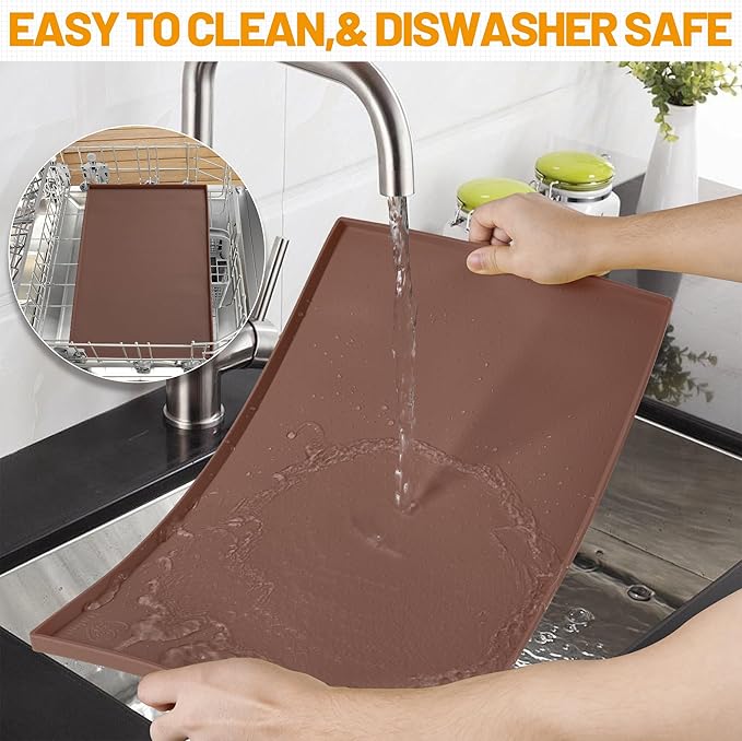Hubulk Dog Feeding Mat,100% Waterproof Food Grade Silicone Pet Food and Water Bowl Placemat,Dishwasher, High Raised Edge to Prevent Spills,Nonslip Tray to Stop Messes on Floor(28"x18"x0.8", Brown)