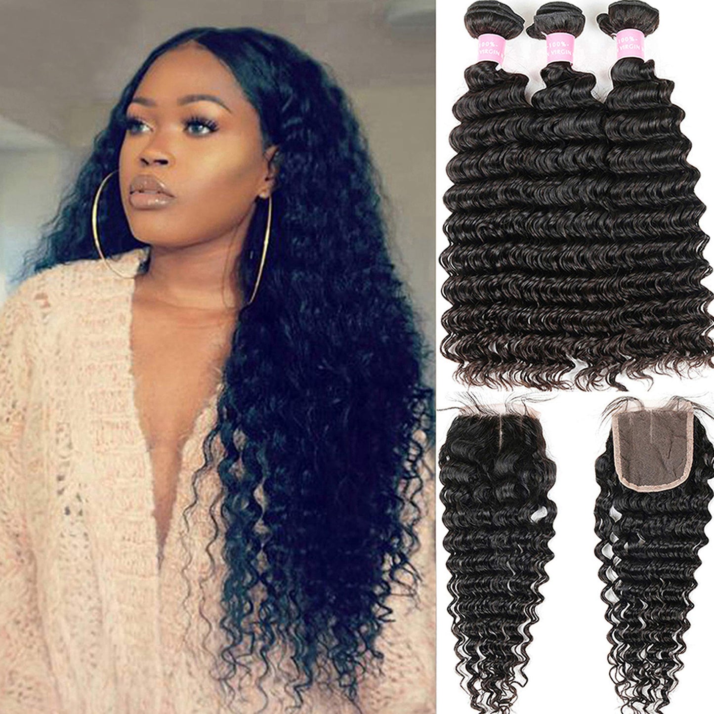 Brazilian Deep Wave 9A Unprocessed Virgin Hair 3 Bundles With Middle Part Lace Closure 4 4 Lace Mixed Length Hair Bundles Natur