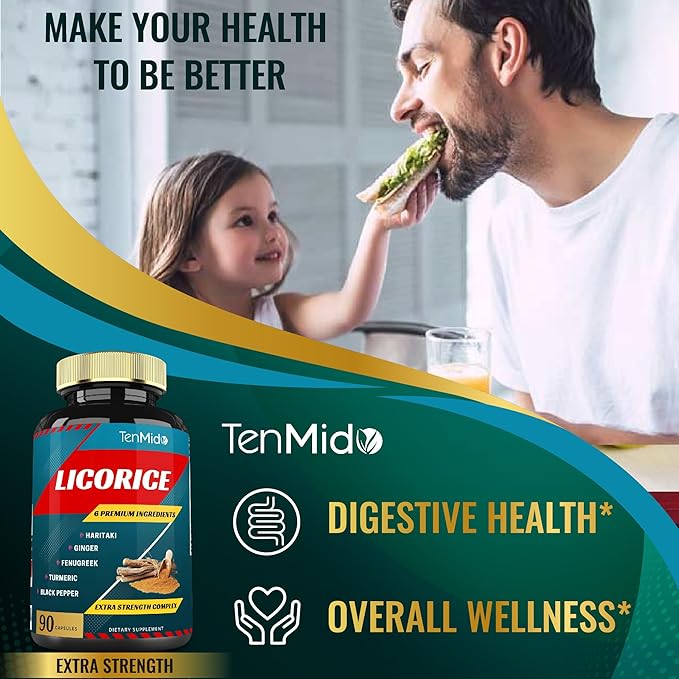 Licorice Extract Capsules with Turmeric, Ginger, Fenugreek, Haritaki, Black Pepper - Support Digestion Function - 90 Caps, 3 Months Supply
