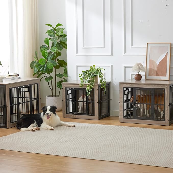 32 Inch Heavy Duty Dog Crate Furniture for Medium/Small Dogs, Decorative Pet House End Table with 3 Doors & Adjustable Bowls, Wooden Cage Kennel Furniture Indoor, Rustic Grey