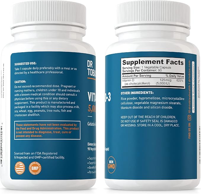Dr. Tobias AKG Supplement & Vitamin D3 - Optimize Cellular Energy & Bone Health with High-Potency Vitamin D & Bioavailable AKG, Non-GMO