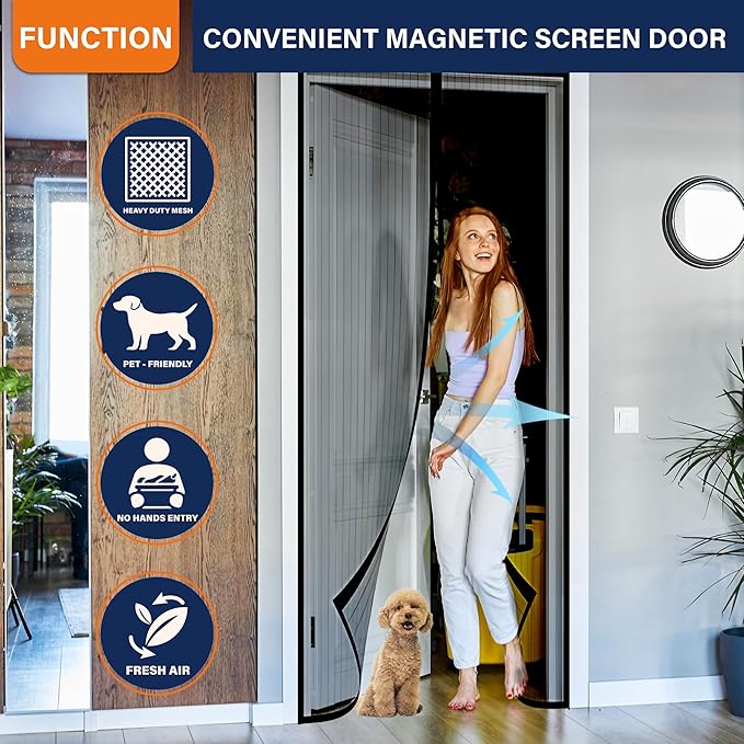 Magnetic Screen Door, Door Screen Magnetic Closure-Keeps Bugs Out Let Breeze in, Heavy Duty Mesh - Pet and Kid Friendly, Works with Front Doors, Sliding Doors (Fit Door Size 36 x 98 Inch)
