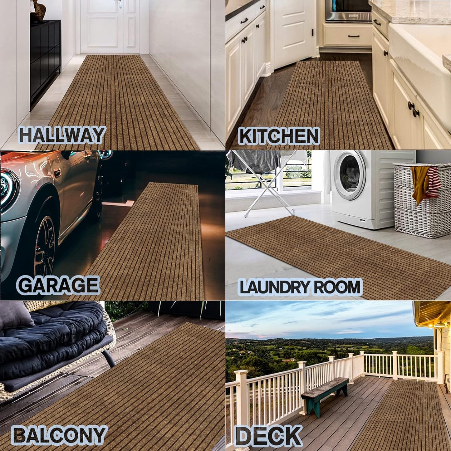 Custom Size Backed Non-Slip Area Rugs Runner, Easy Clean, Waterproof Runner Rugs for Hallway Entryway, Kitchen, Laundry, 2FT x 40FT, Brown Stripe
