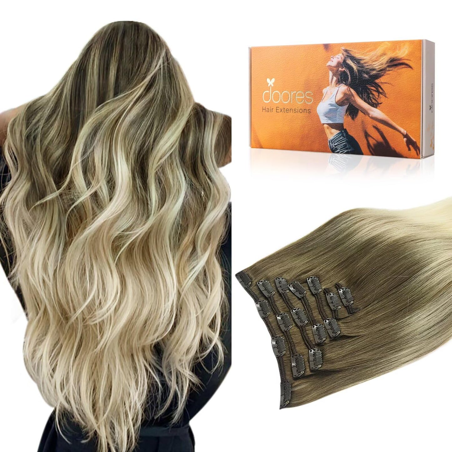 Doores Human Hair Extensions Ash Brown To Platinum Blonde 120G 7Pcs 16 Inch Remy Hair Extensions Clip In Human Hair Natural Hair