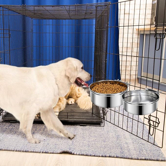 2 Pcs Medium Dog Food Water Bowl for Cage with Upgraded Clamp Holder, Pet Kennel Hanging Bowls Stainless Steel Detectable Bowls Crate Feeder Dish for Medium Dogs (6.3x2.7'' & 5.5x2.3'')