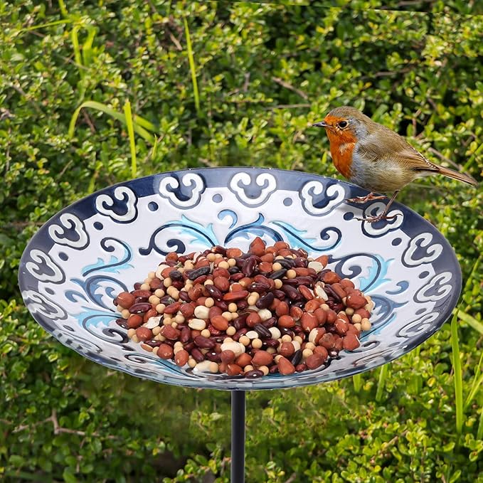 MUMTOP Glass Bird Baths, Garden Outdoor Birdbaths Birdfeeder with Metal Stake for Outside Yard Lawn, Blue