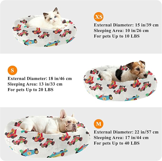 Dog Bed Race Cars Sleeping Pet Bed with Anti-Slip Bottom for Small Medium Dogs and Cats, Round Calming Sleeping Washable Puppy Beds 13 in