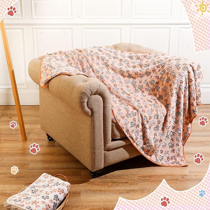 Tatuo 4 Pcs Dog Blanket for Pet Cat Blankets Indoor Puppy Teething Stuff Toys Paw Print Fleece Soft Blanket Sleep Mat for Guinea Pig Cage(White, Coffee, Pink, Purple,XX-Large(40 x 63 Inch),Square)