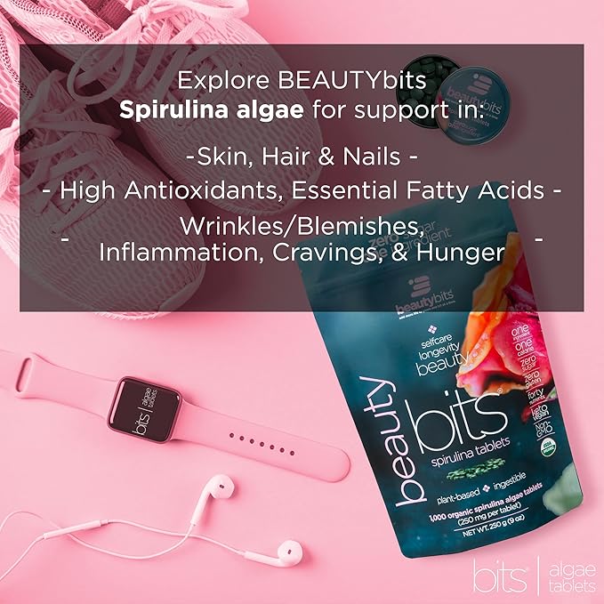 BEAUTYbits - Organic Spirulina Tablets - Algae Superfood - Collagen, Protein, Chlorophyll - Hair, Nails, & Skin Care - Vegan, Keto, Gluten Free - Self Care - Skincare Beauty - 30 Bags, 900 Tablets