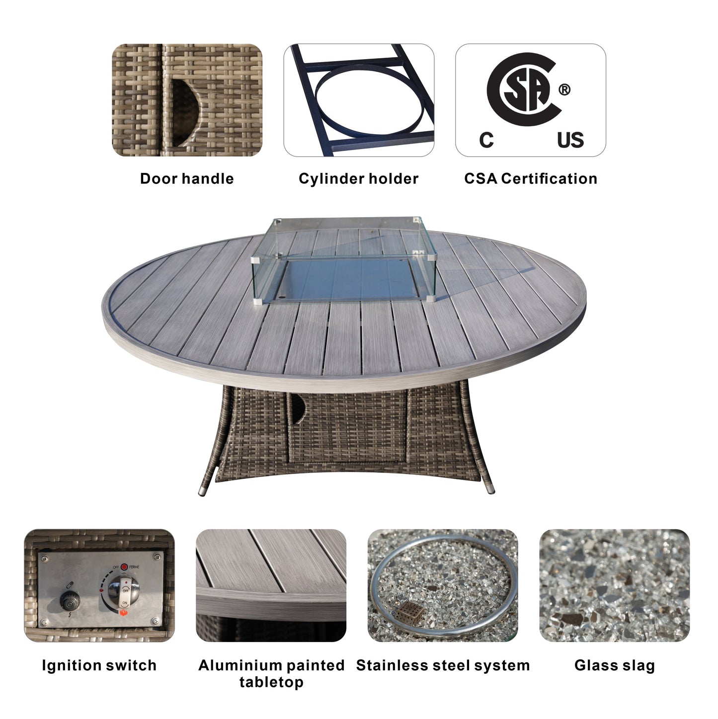 Direct Wicker 8-Seat Round Patio Fire Pit Dining Table (Table Only), Grey