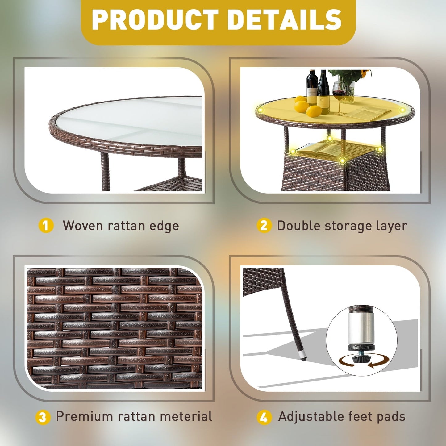 Funnil Outdoor Patio Table, Round Wicker Rattan Bistro Tables with Storage Shelf and Glass Tabletop, All Weather Patio Dining Table, Brown