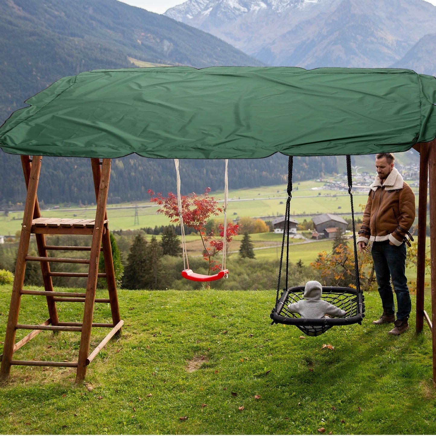 CIMAXIC Outdoor Swing Canopy Replacement Cover Swing Cover Dark Green Waterproof 1Pack