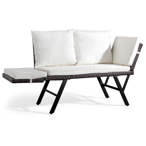 Outdoor Sofa, Woven Rattan Patio Furniture, Convertible Daybed or Double Chair with Adjustable Armrests, Cushions and Pillows for Yard Porch Pool