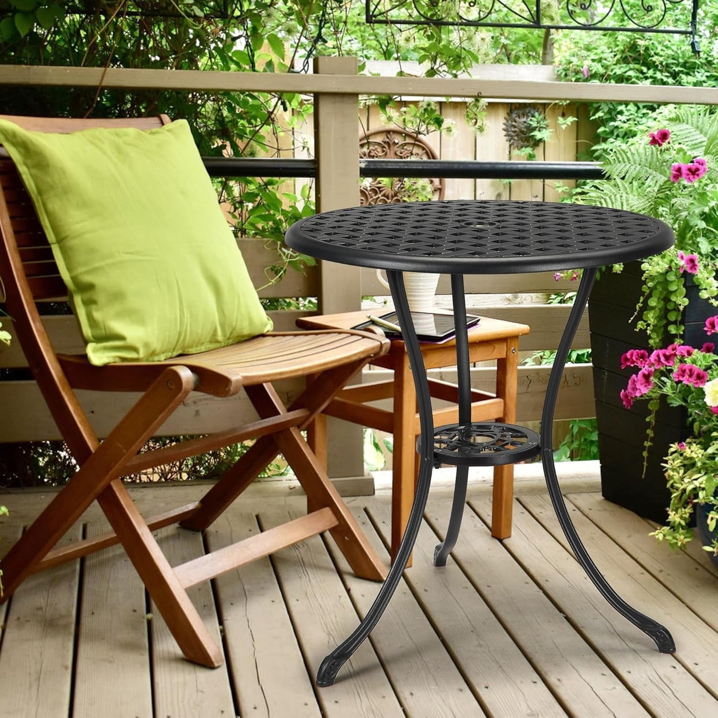 Garvee Round Patio Bistro Table 24 Inch, Cast Aluminum Outdoor Cafe Table with 2Inch Umbrella Hole, Metal Side Table for Porch,Backyard,Garden，Black
