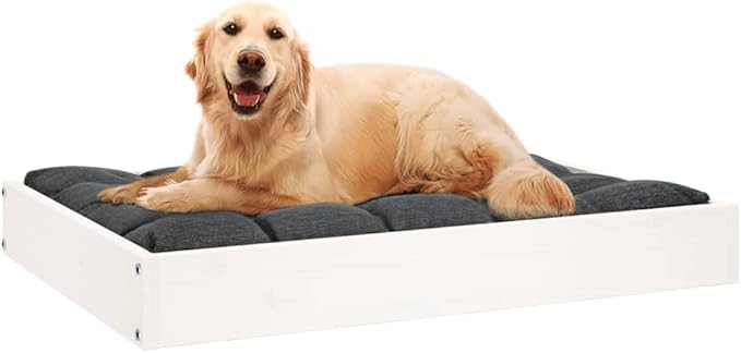 White Solid Pine Wood Dog Bed 28.1x21.3x3.5 Inch, Sturdy Raised Pet Bed for Small Medium Dogs, Rustic Minimalist Design Indoor Outdoor Use, Easy Assembly Wooden Frame Dog Sofa