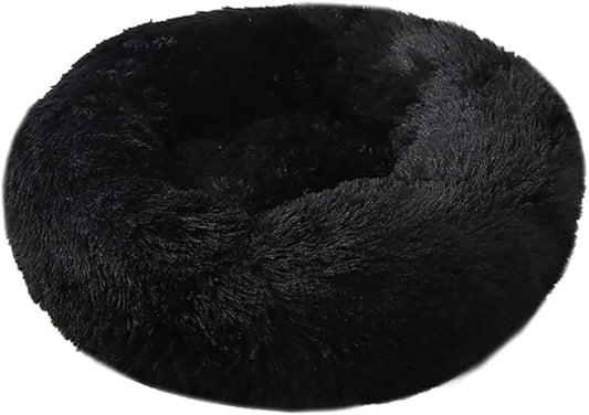 Calming Faux Fur Dog Beds Calming Donut Cuddler Dog Bed Washable Round Cat Bed Pillow Cuddler Fluffy Indoor Dog Calming Beds with Anti Slip Bottom Solid Color Black 27 Inch