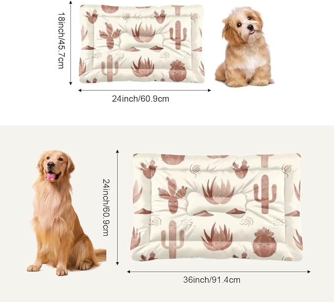 Beige Brown Cute Cactus Dog Beds and Furniture Dog Bed Mat Bed Pads Washable Beds for Crates Washable Non-Slip Crate Small Size Mat and Furniture Indoor Outdoor 36X24 Inch