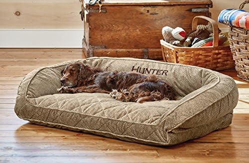 Orvis ComfortFill-Eco Bolster Dog Bed - Plush Rectangular Dog Beds with Three-Sided Bolster for Leaning, Brown Tweed - L