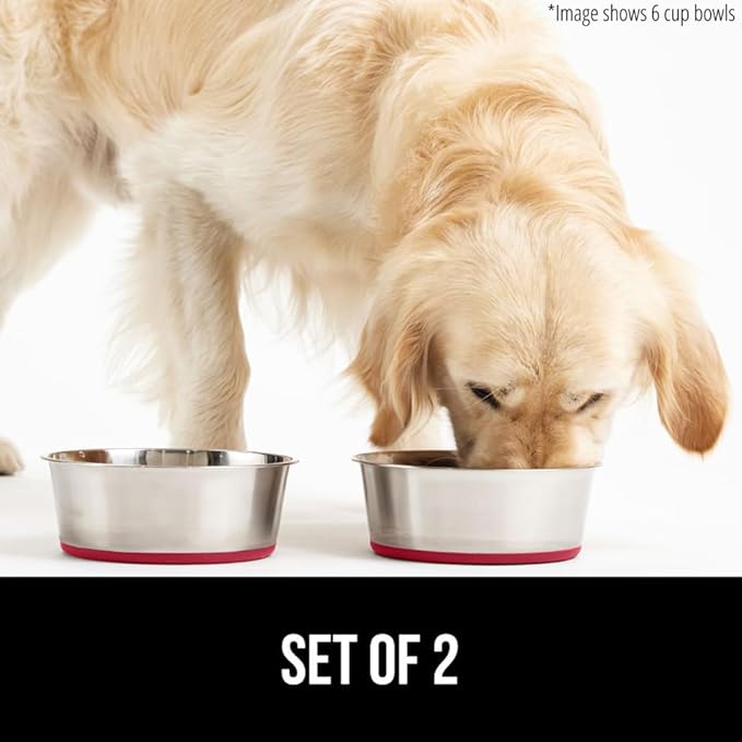 GORILLA GRIP Dog Bowls, Holds 2 Cups Each (16 fl oz), Heavy Duty Stainless Steel Food and Water Bowl for Feeding Dogs and Cats, Dishwasher Safe, Rust Resistant, BPA Free Rubber Base, Set of 2 Red
