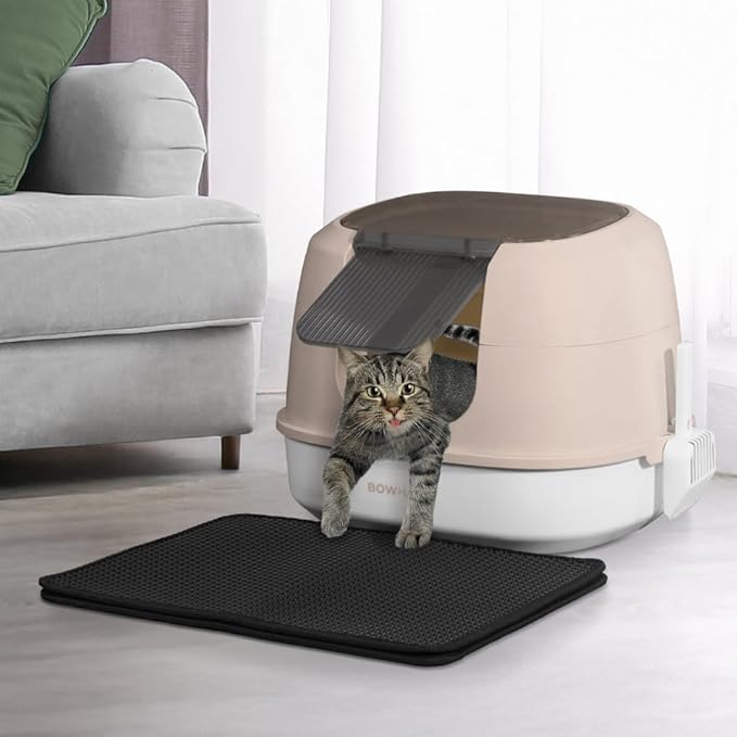 Detachable Cat Litter Box with Lid, 3-in-1 Cat Toilet of Cats, Large Space Anti-Leakage Gato Litter Box with Scoop, Mat & Odor Fitter, Beige/Pink