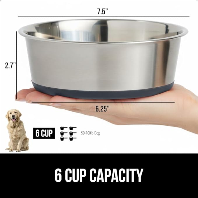 GORILLA GRIP Set of 2 Dog Bowls, Holds 6 Cups (48 fl oz), Heavy Duty Metal Food and Water Bowl for Feeding Dogs and Cats, Dishwasher Safe, Rust Resistant Stainless Steel, BPA Free Rubber Base, Gray