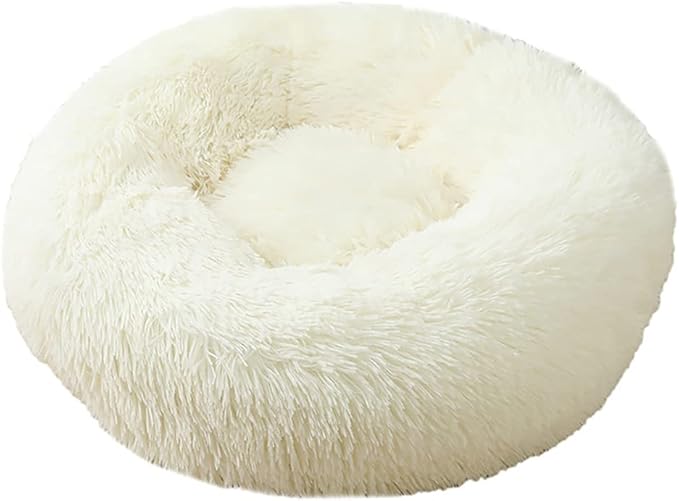 Calming Faux Fur Dog Beds Calming Donut Cuddler Dog Bed Washable Round Cat Bed Pillow Cuddler Fluffy Indoor Dog Calming Beds with Anti Slip Bottom Solid Color White 43 Inch