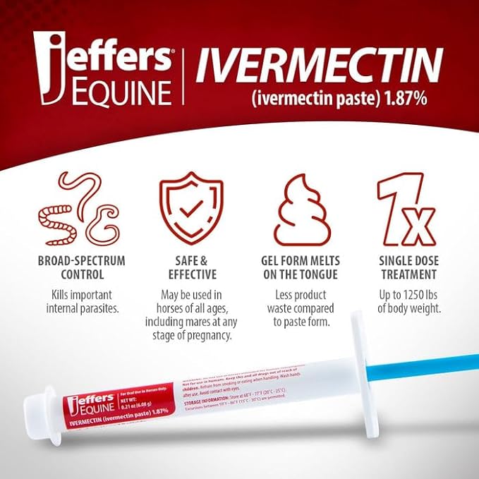 Jeffers Ivermectin Gel Dewormer for Horses - Apple Flavored, 1.87% Broad Spectrum Dewormer Paste - Effective Parasite Control for Worms, Pinworms, Bots & More - Safe for Equine of All Ages- (1 Pack)