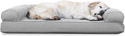 Furhaven Cooling Gel Dog Bed for Large Dogs w/ Removable Bolsters & Washable Cover, For Dogs Up to 95 lbs - Two-Tone Plush Faux Fur & Suede L Shaped Chaise - Stone Gray, Jumbo/XL